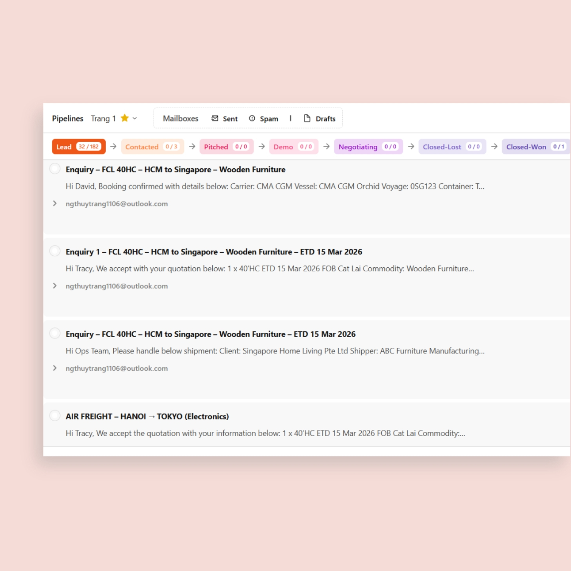 AI analytics reviewing sales pipeline and email communication for logistics deals